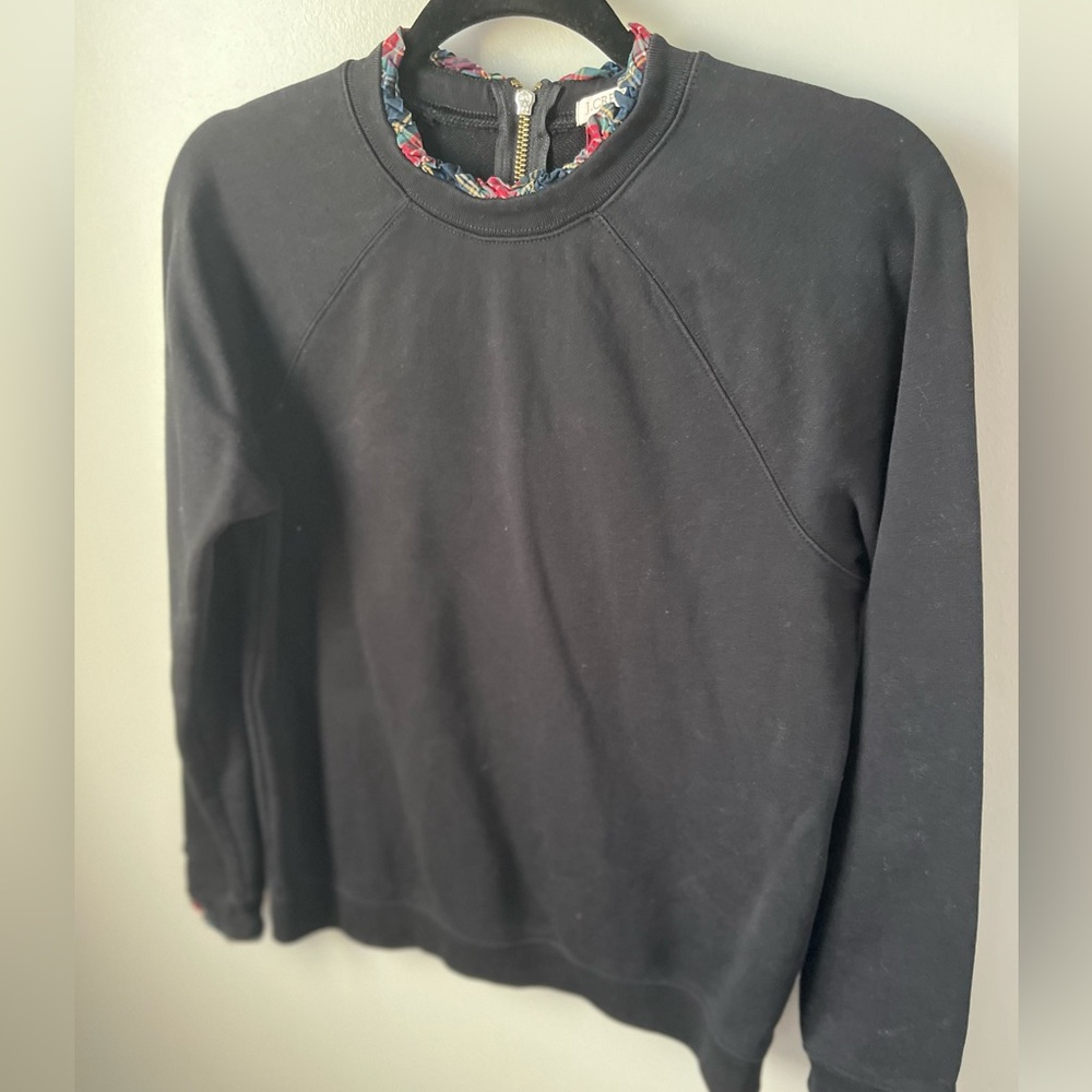 J.Crew black cotton crewneck sweater plaid accents small